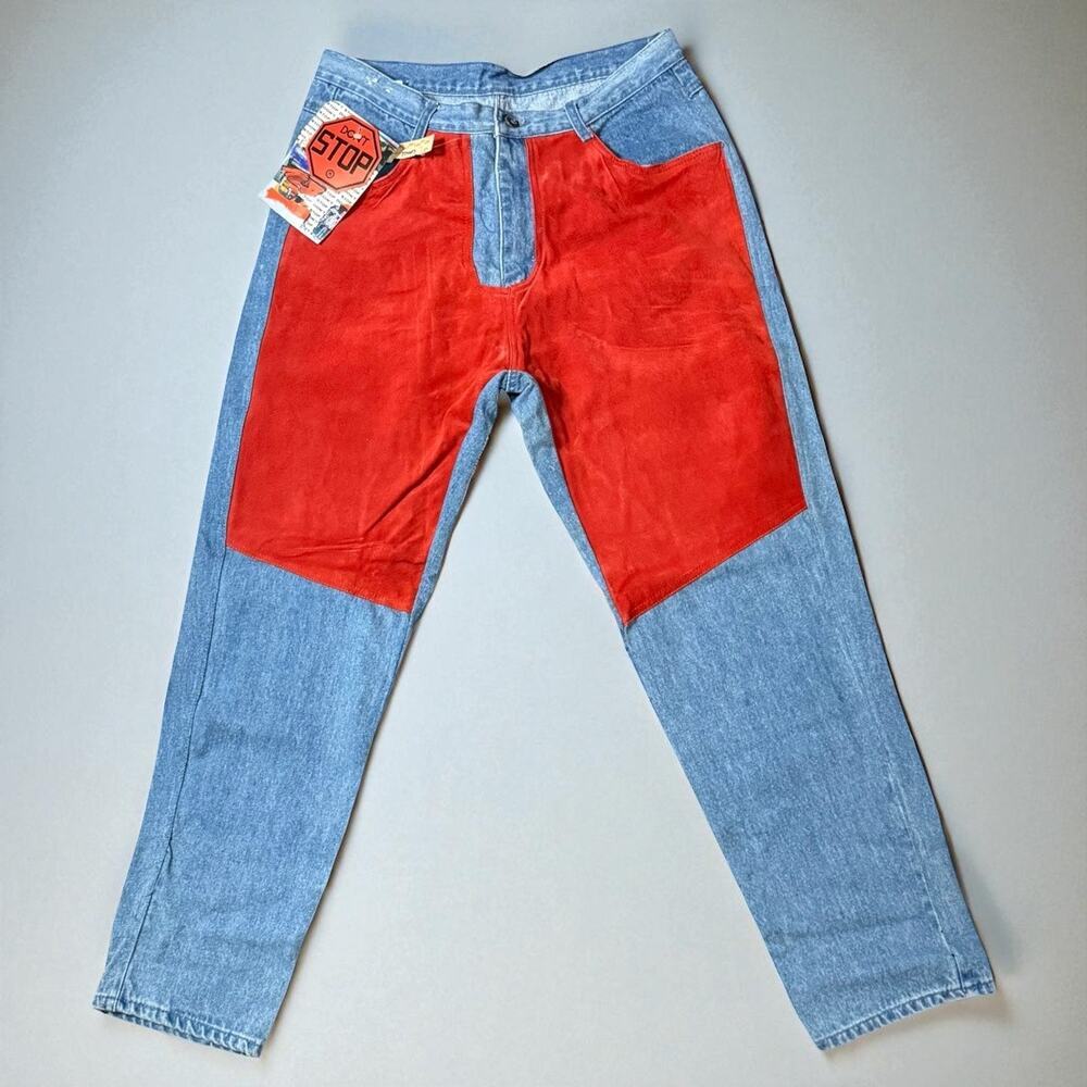 VTG 80s Don’t Stop Jeans Womens Blue Red Suede High Rise Tapered 33 RUNS SMALL